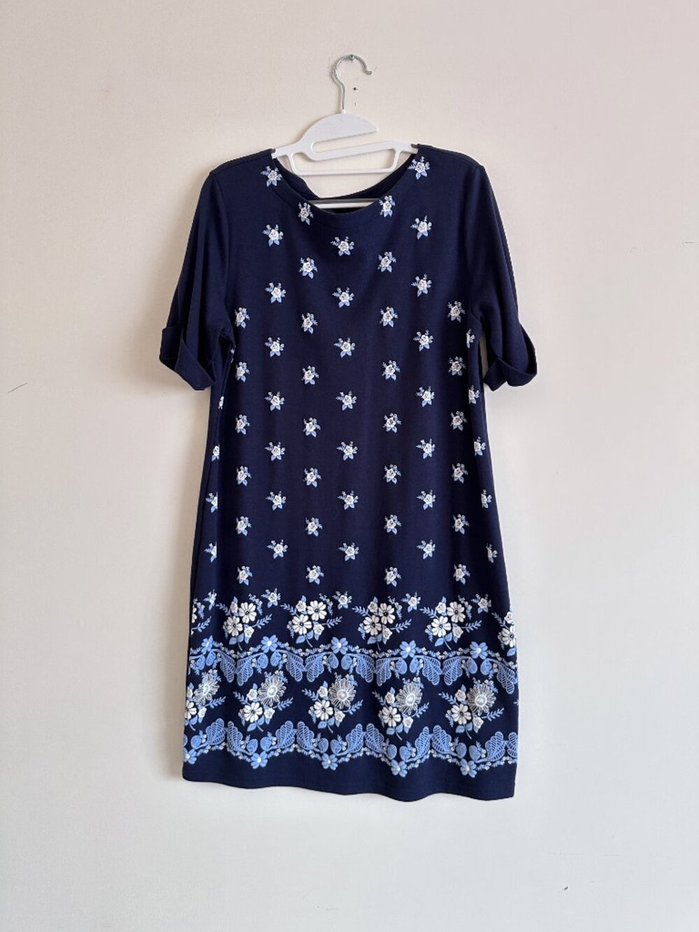 Navy Short-Sleeve Cotton-Blend Dress with Floral Print